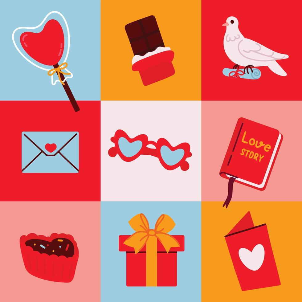 Valentines day geometry element set collection with book, gift, sunglasses, chocolate and dove. Flat illustration vector