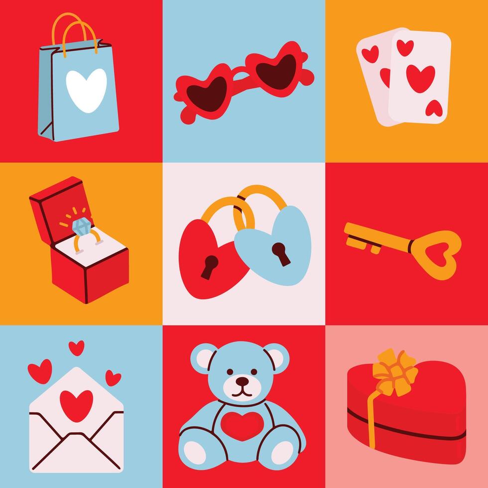 Valentines day geometry element set collection with cards, sunglasses, ring, lock and key. Flat illustration vector