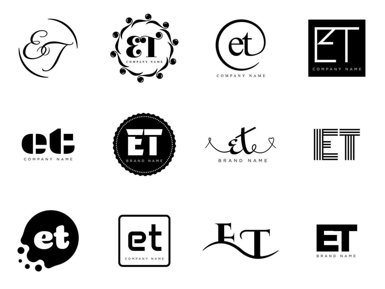 ET logo company template. Letter e and t logotype. Set different classic serif lettering and modern bold text with design elements. Initial font typography. vector