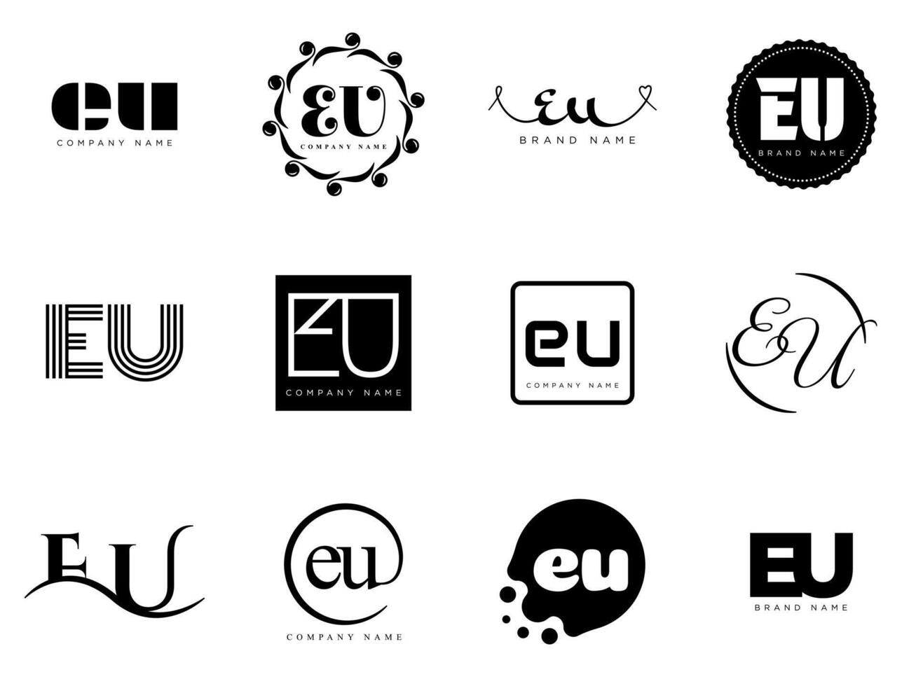 EU logo company template. Letter e and u logotype. Set different classic serif lettering and modern bold text with design elements. Initial font typography. vector