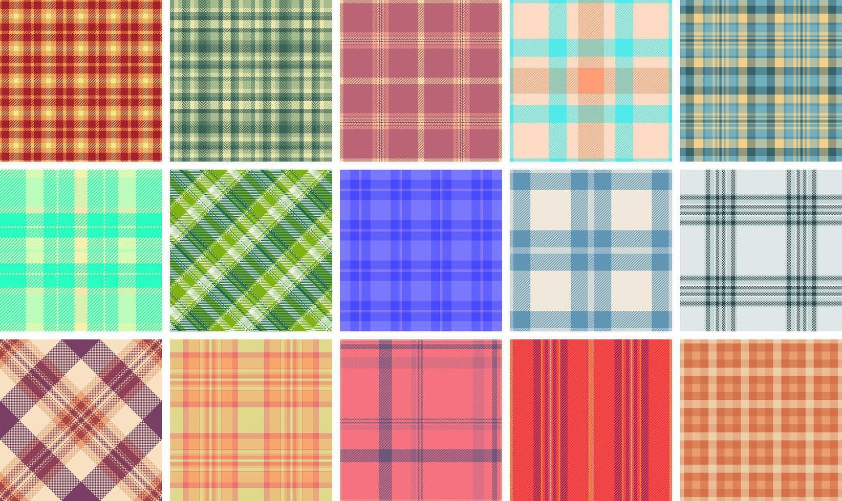 Collection of 15 vibrant plaid patterns. Perfect for textile design, web backgrounds, or fashion projects. Diverse colors styles offer versatility. High-resolution image ideal for print digital use. vector