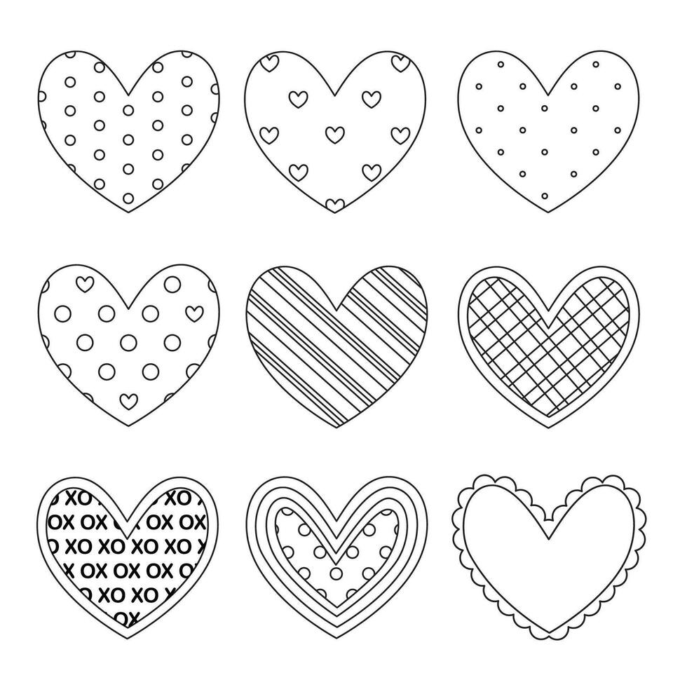 This is a set of nine graphics featuring different variations of a heart shape. Each heart has a unique pattern, including polka dots, stripes, and checkered designs. vector