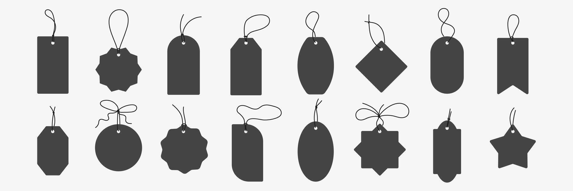 Set of black tags. Price or discount paper with rope and bow. Illustration vector