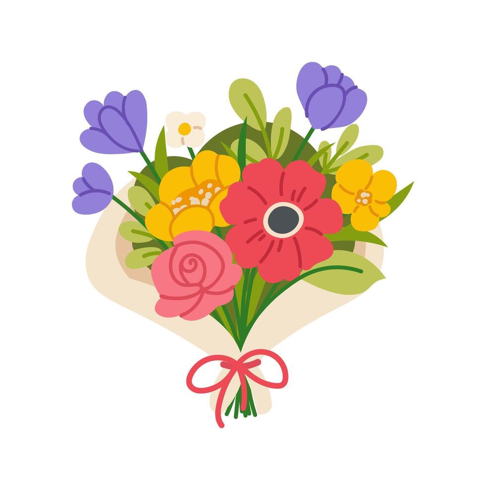 Bouquet of wild or garden flowers on white background. Botanical composition for Mother's Day or Women's Day. isolated design element vector