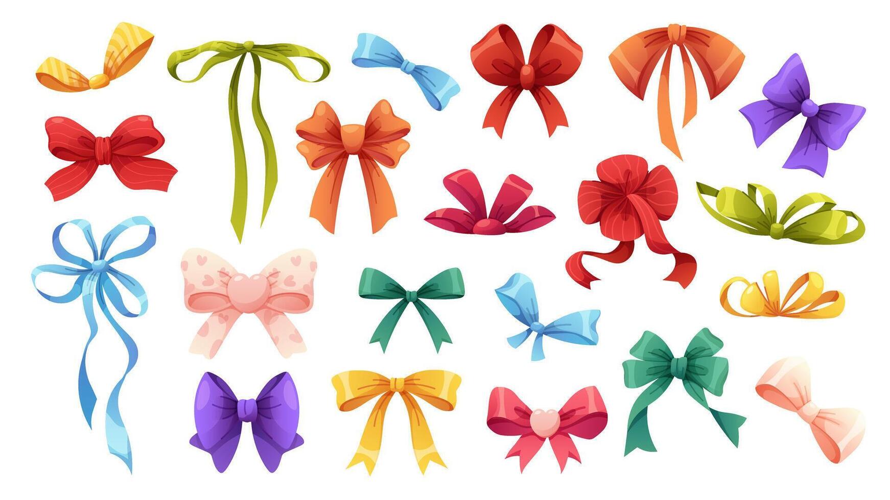 Set of cartoon bows on white background. Festive and packaging ribbons, tied bow. isolated elements vector