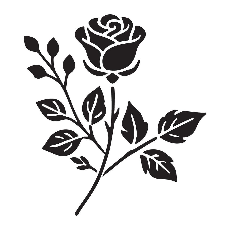 Single Rose Silhouette with Leaves Illustration vector