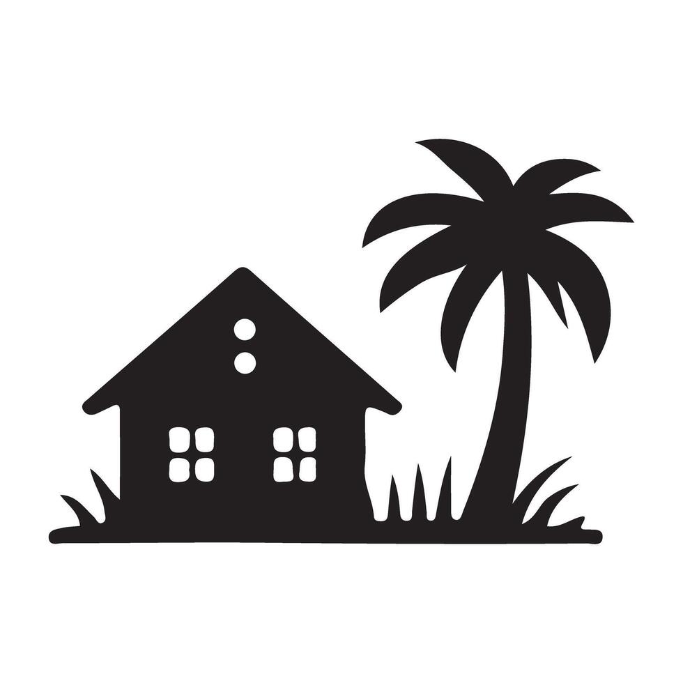 Tropical House with Palm Tree Silhouette Illustration vector