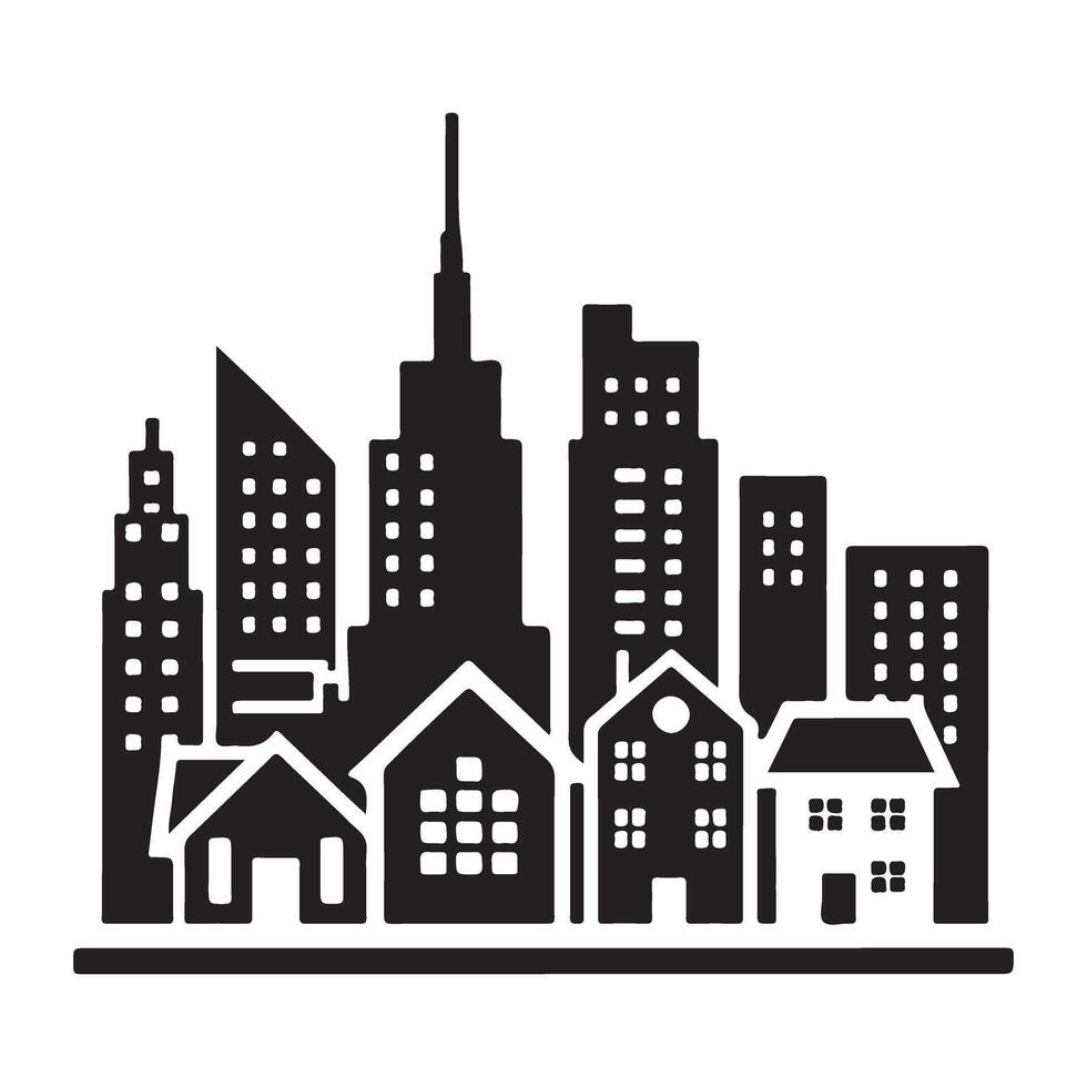 Cityscape Silhouette Illustration with Skyscrapers and Houses vector