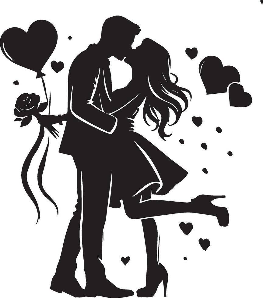 Silhouette of a loving couple kissing with heart shape formation vector