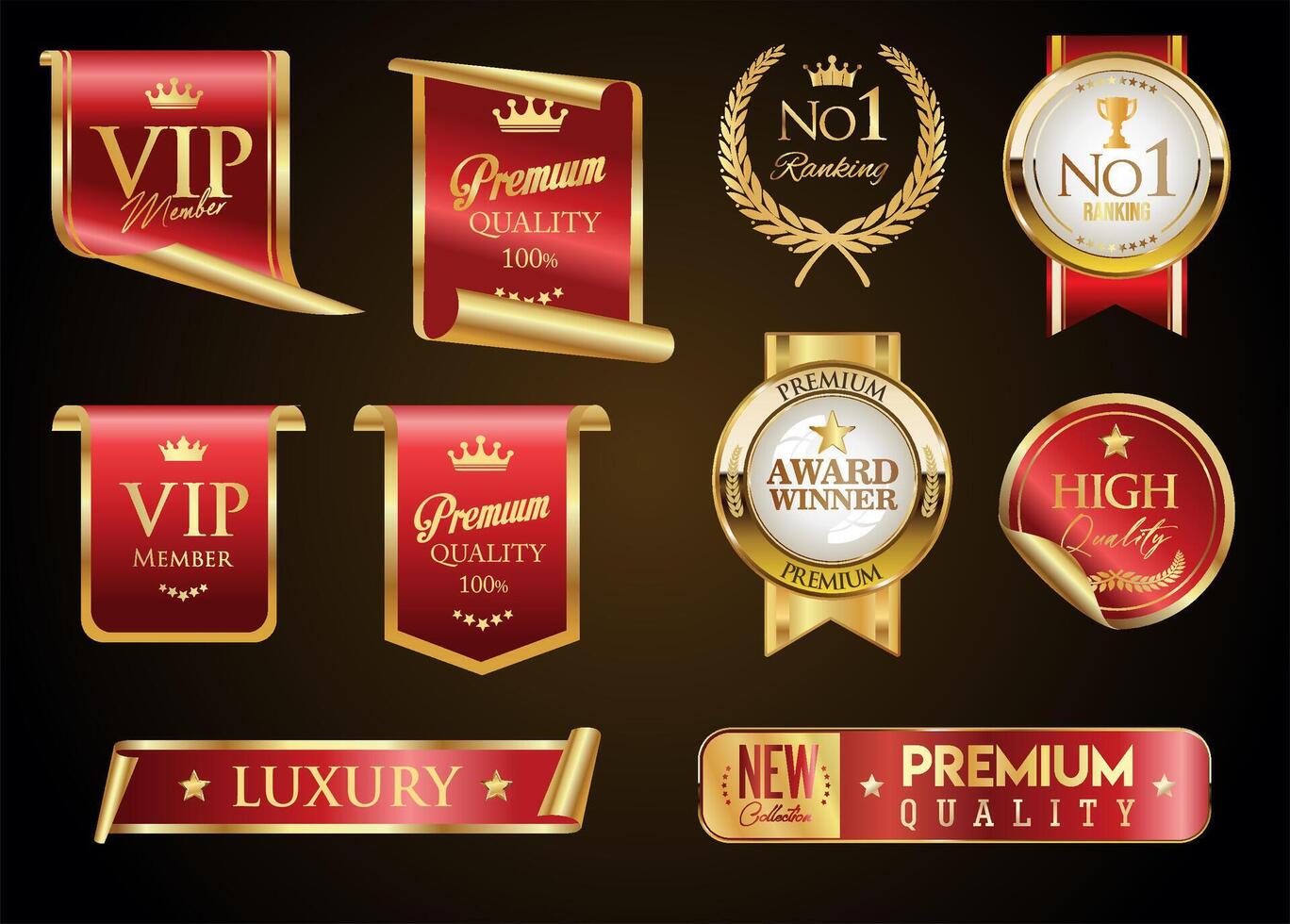 Premium emblem and badges red and gold color isolated on black background stock illustration vector