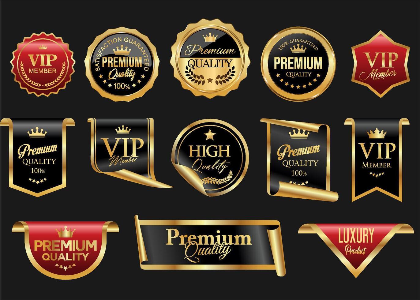 Premium quality satisfaction guaranteed gold and black and red badge stock illustration vector
