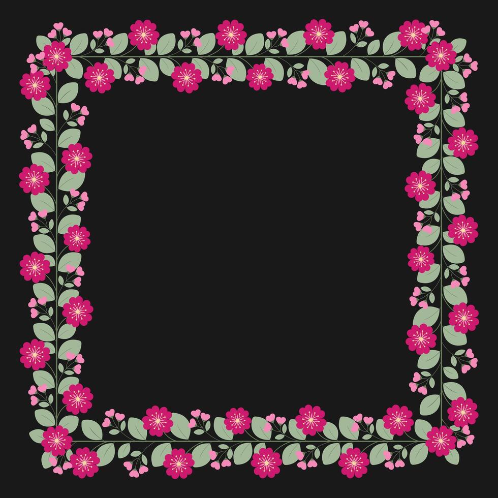 Square Borders Frame Or Wreath With Love Pink Fuchsia Flowers And Leaves vector