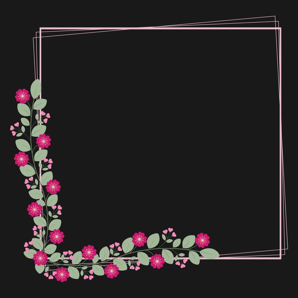 Square Borders Frame With Green Leaves And Love Pink Fuchsia Flowers vector