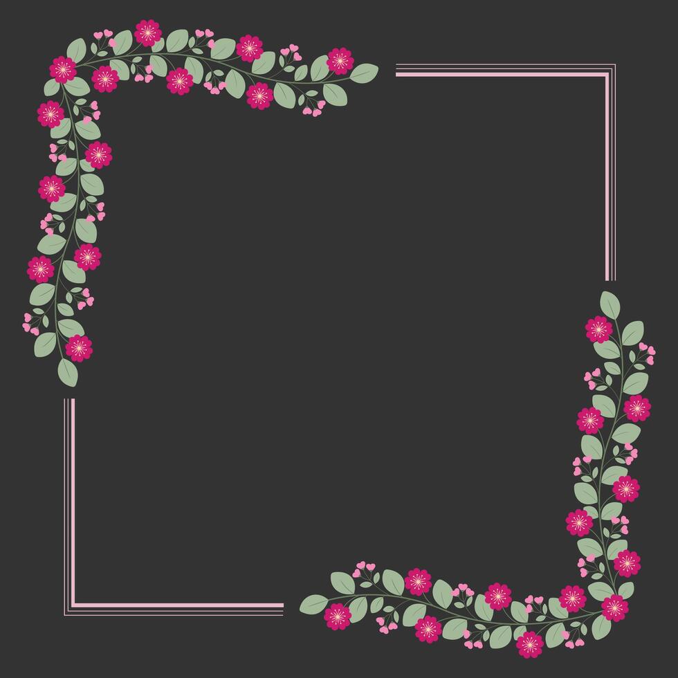 Square Wreath Or Borders Frame With Love Pink Fuchsia Flowers And Green Leaves vector