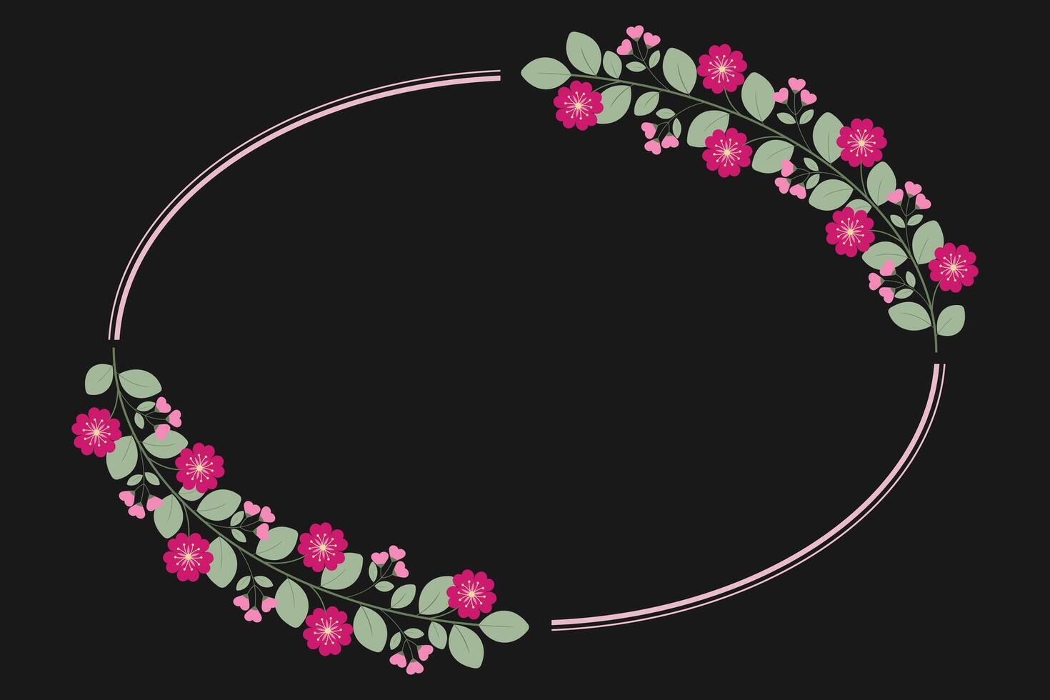 Oval Circle Borders Frame With Love Love Pink Fuchsia Flowers And Green Leaves vector