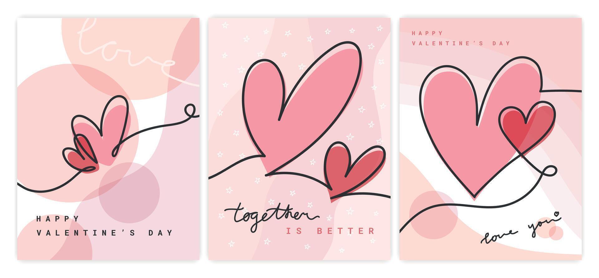 Valentine cards concept with one line continuous drawing hearts on pastel colored background. Love cover backgrounds vector