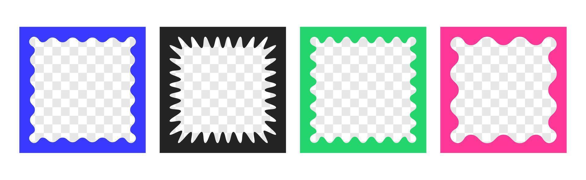 set of doodle colored frames with scallop edges. Jagged wavy text box with empty transparent space inside. Wave squiggle photo borders, funky wiggly mirrors or curvy undulate frameworks vector