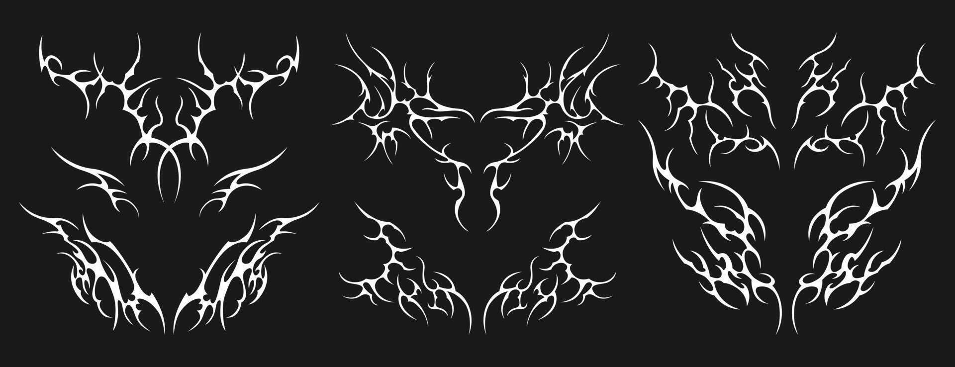 Neo tribal tattoo set. Neotribal gothic butterfly with wings, flame, heart, womb, symmetrical abstract dividers. Cyber sigilism y2k design elements. Celtic gothic body ornaments, emo stickers vector