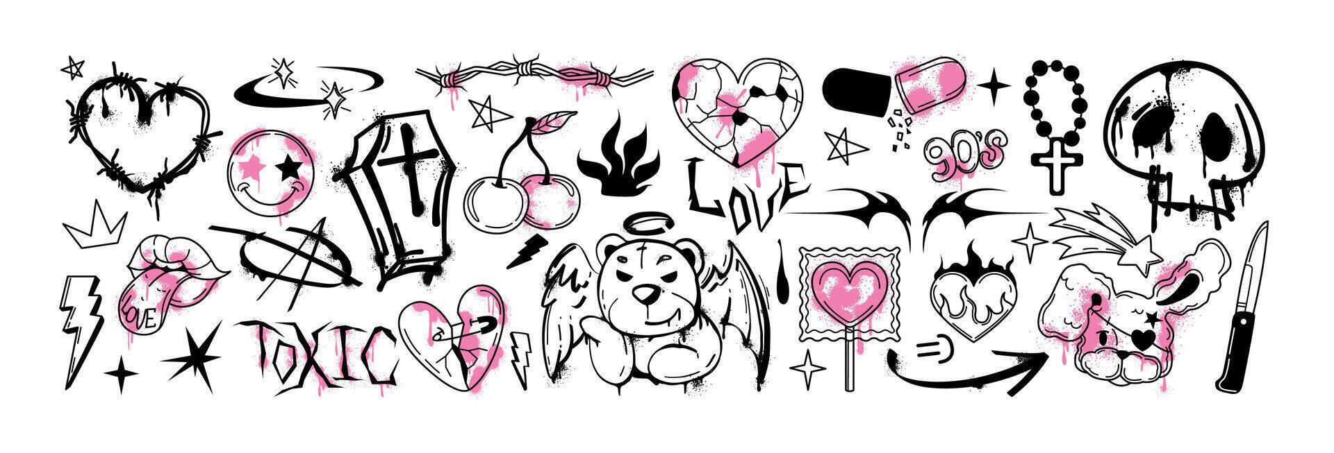 Spray paint graffiti y2k gothic tattoo element set. Street art heart, bear with wings, smile face emoji, inky skull, open mouth with tongue. Urban grunge rock stickers with splatters, neo tribal icons vector
