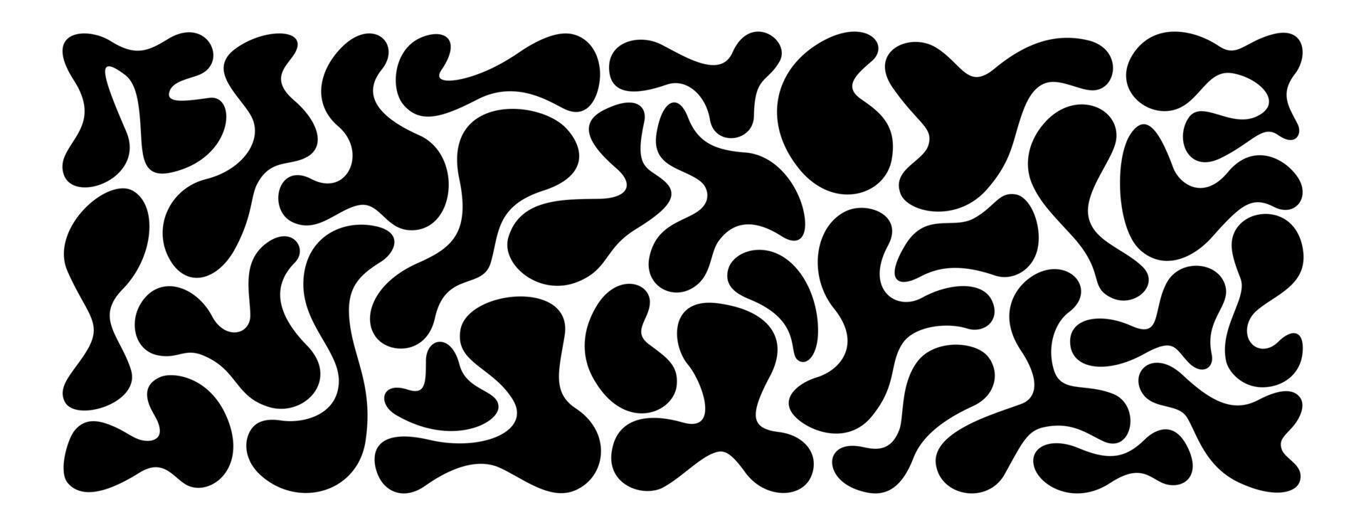 Set of black irregular blobs, random liquid uneven drop shape. Amorphous splodges, asymmetric spots, fluid circle elements or simple organic amoeba figures. Abstract forms isolated on white background vector