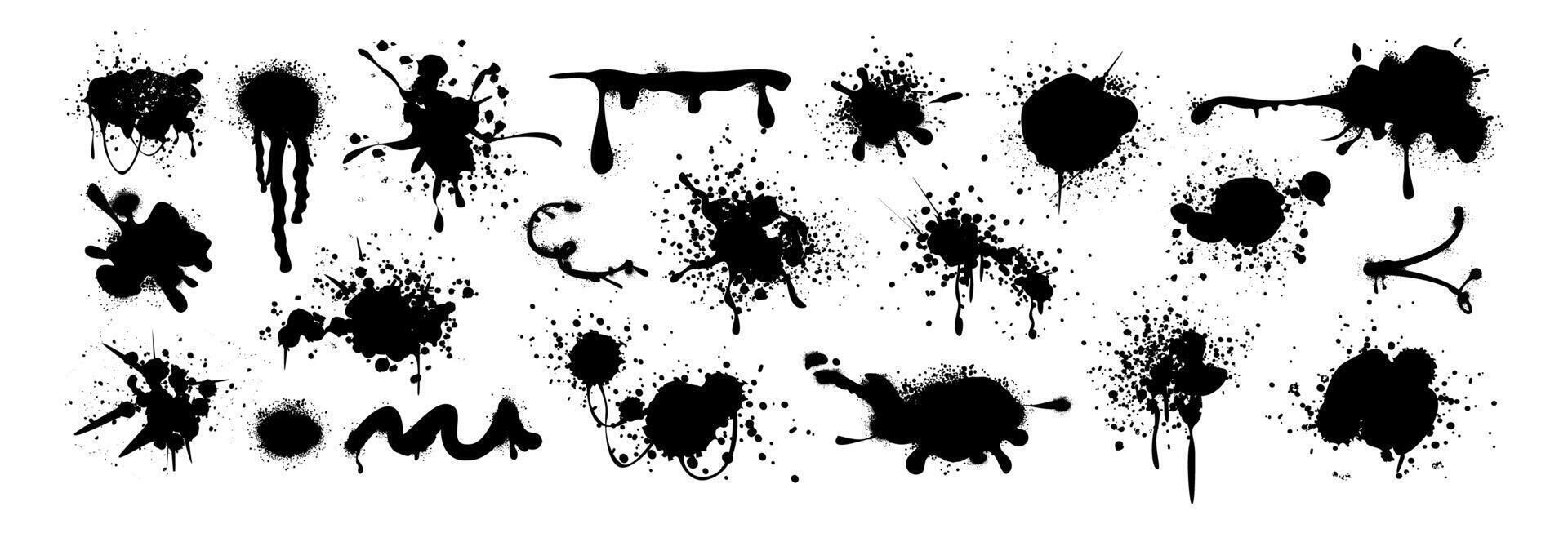 Set of black spray paint blots, wavy lines, ink splatters. Blobs, stripes, inky drips in graffiti grunge texture. Brush strokes, stains with spatters and drops. design elements in street style vector