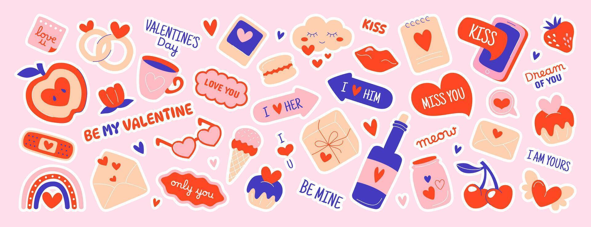 set of cute valentine's day stickers for daily planner, notebook. Diary journal labels, scrapbook romantic icons with heart love, gifts, envelope, desserts, wedding rings and memo elements. vector