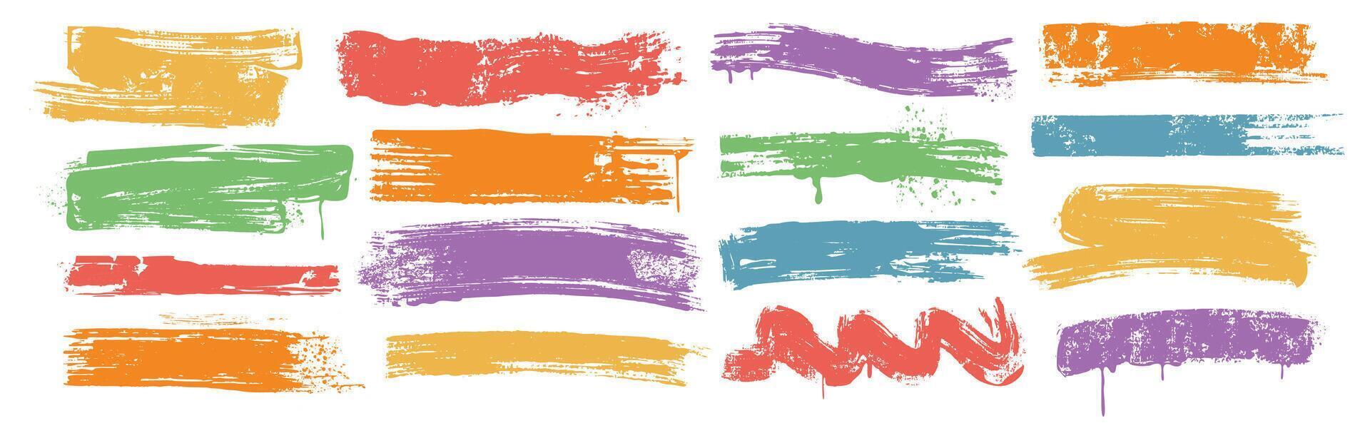 set of colored brush strokes, ink bold lines. Dirty grunge design elements, rough paintbrush smears, scribbles on white background. Freehand spray paint underline stripes with drips, splatters vector