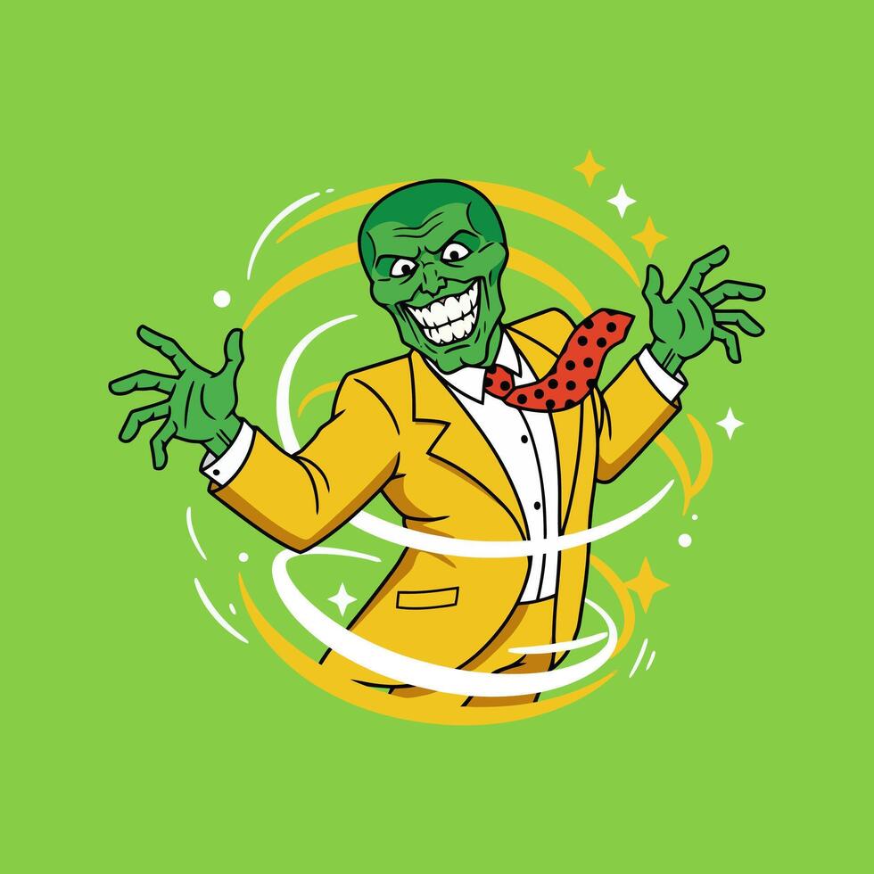 A grinning green-faced character in a yellow suit dynamically poses within swirling lines against a green background. vector