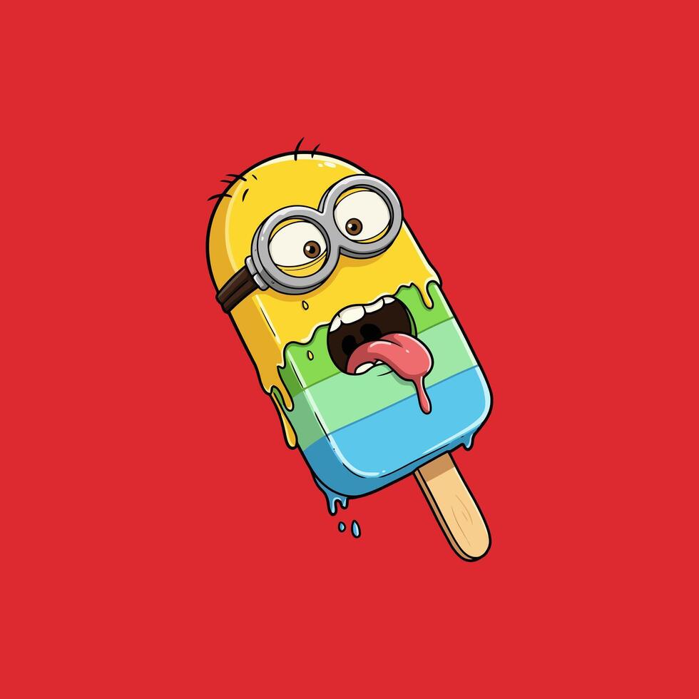 A cartoon Minion character is depicted as a melting multi-colored popsicle on a stick, enjoying the summer heat. vector