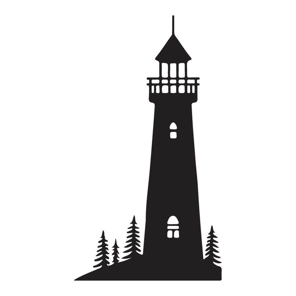 Lighthouse Silhouette with Pine Trees Art vector