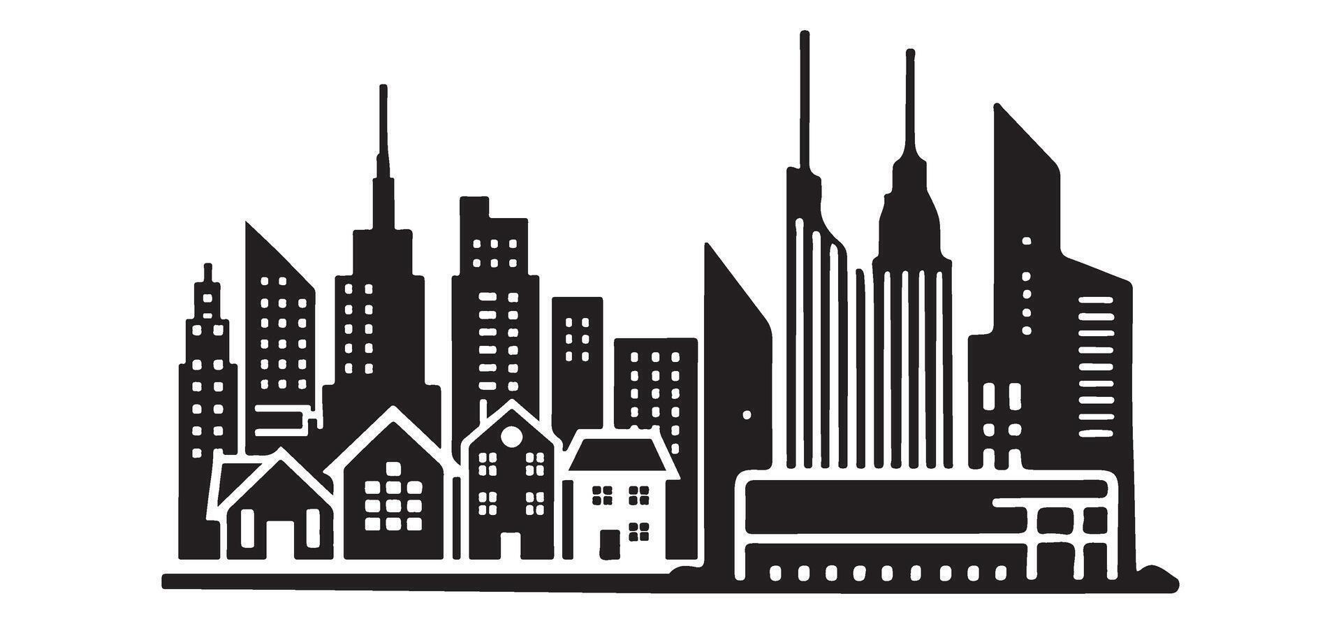 Detailed Cityscape Silhouette Illustration with Buildings and Train vector