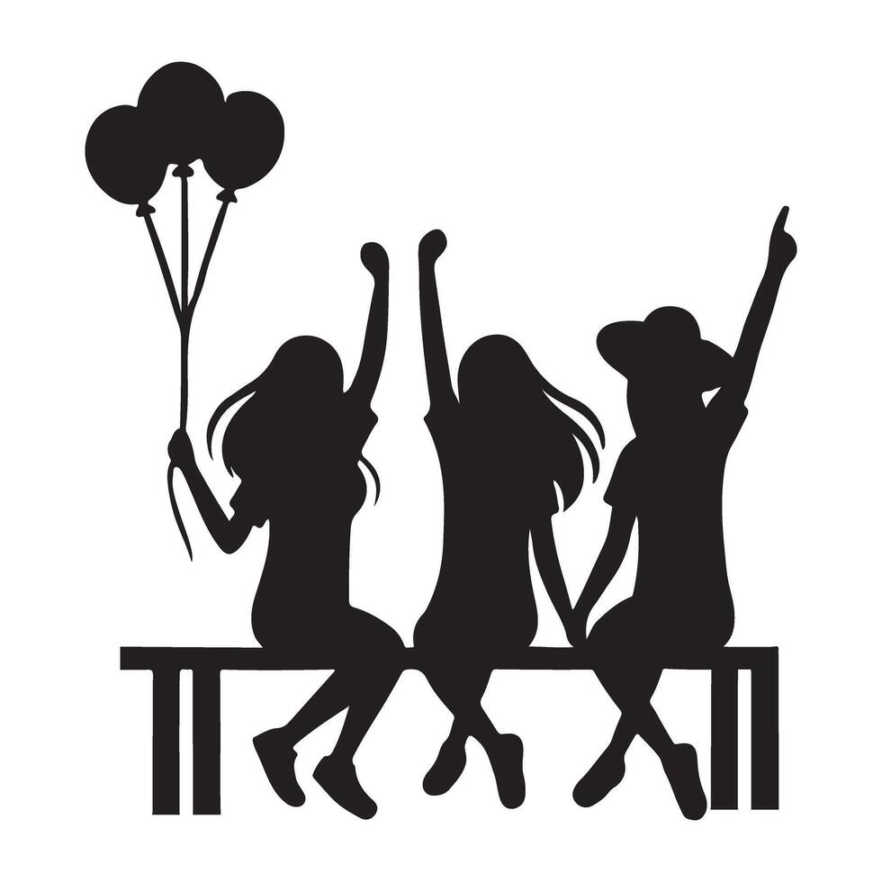 Friends on a Bench with Balloons Silhouette Illustration vector