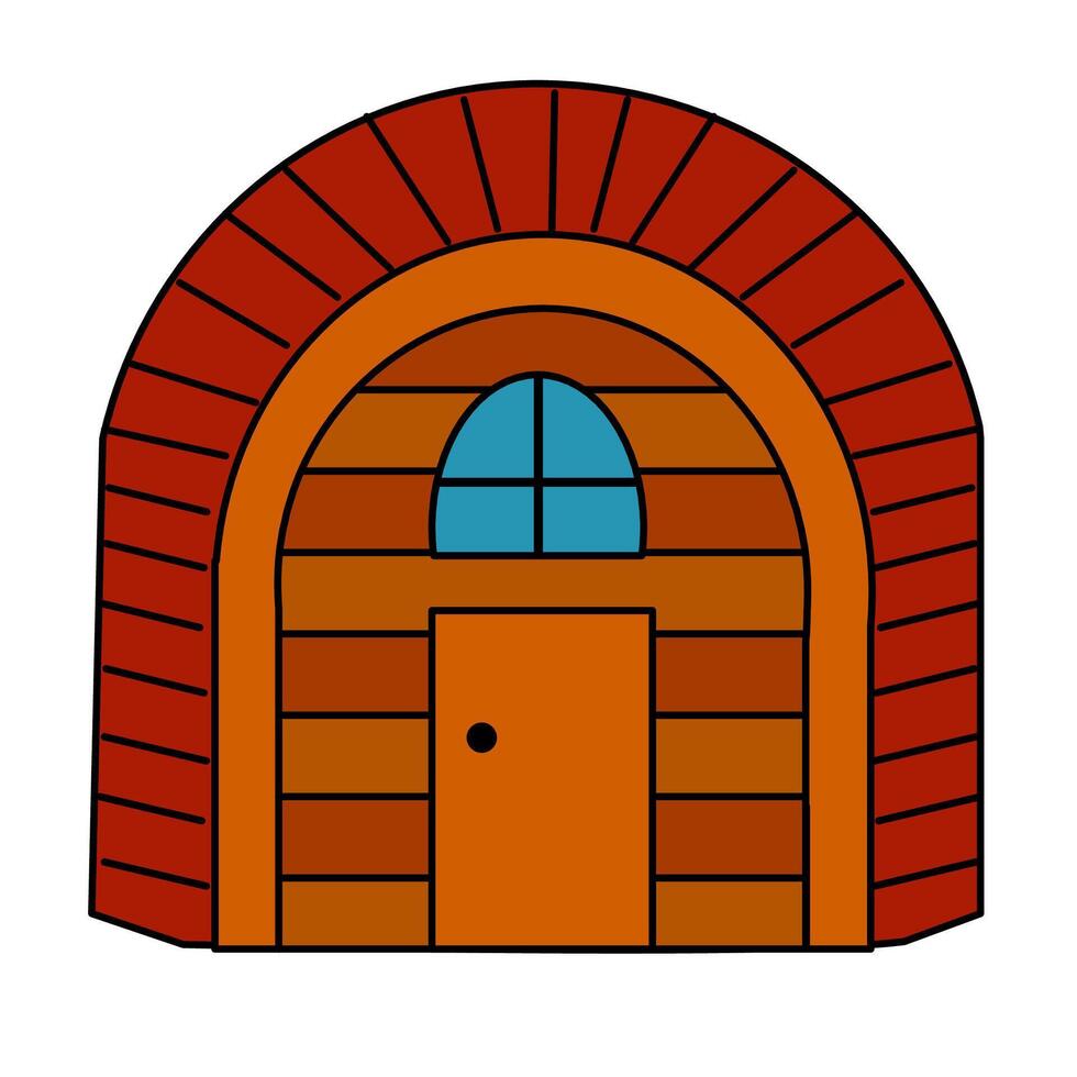 Illustration of home from wood. Vintage house curved with door and window for book cover or sticker or layout vector