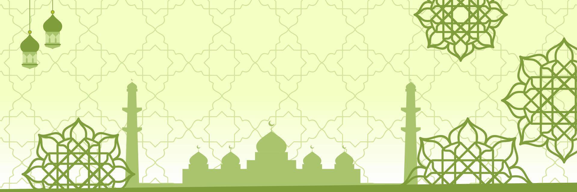 Green Islamic Banner, with mandala ornaments, mosque and lanterns. Free copyspace area design Template for Islamic holidays, Eid al-Fitr, Ramadan, Eid al-Adha vector