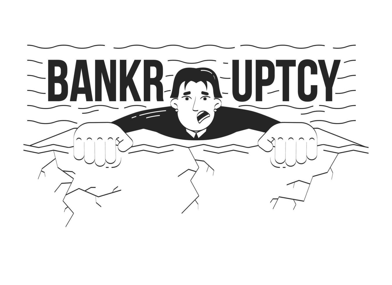 Bankruptcy problem doodle line illustration concept. Business project failure. Scared korean businessman falling from cliff into water 2D outline character isolated. Hand drawn ink drawing monochrome vector