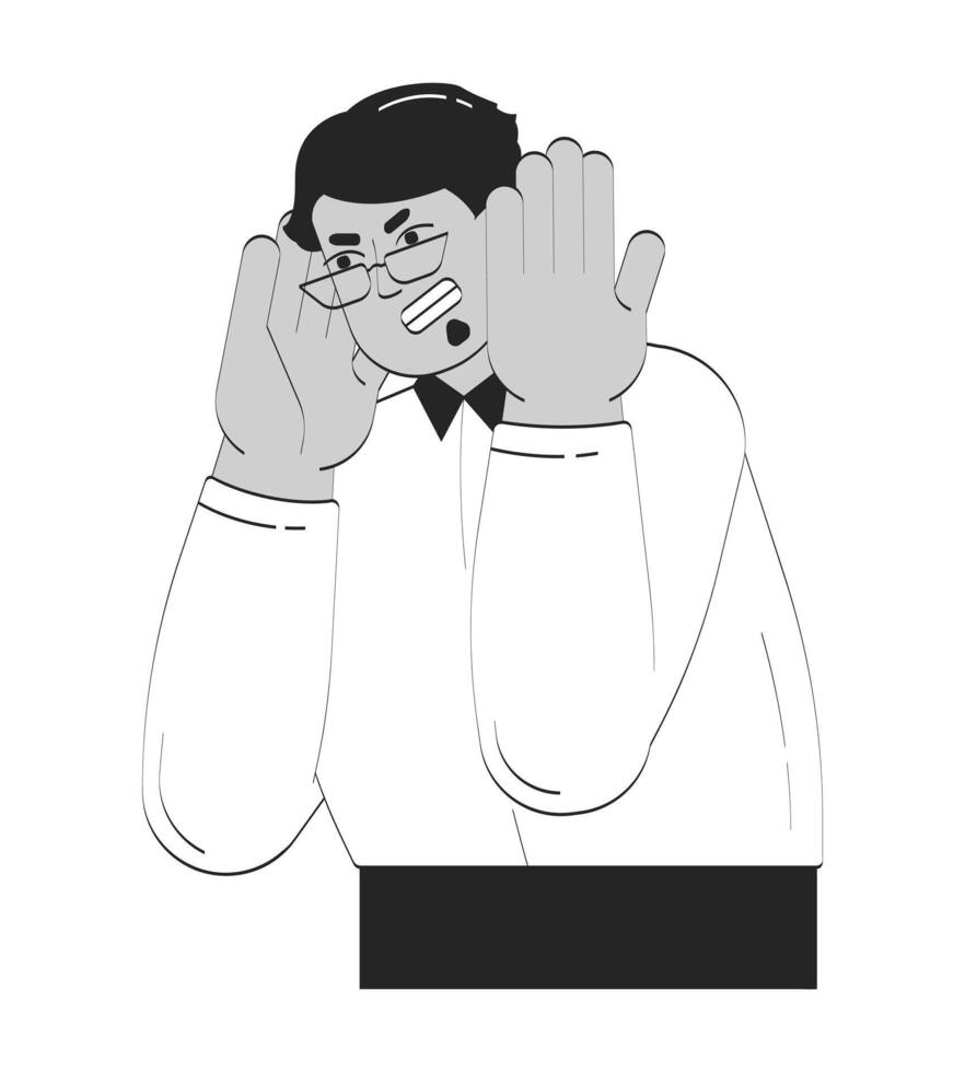 Angry arab businessman handling burnout doodle linear character. Stressed middle eastern man employee with overweight 2D outline person isolated. Hand drawn drawing illustration monochrome vector