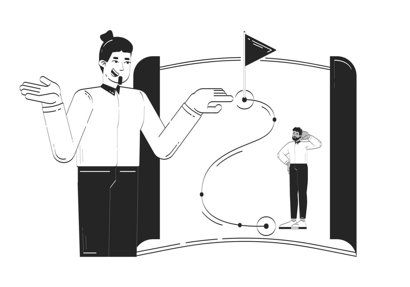 Business mentorship doodle line illustration concept. Career development. Trainer helping entrepreneur to create success roadmap 2D outline characters isolated. Hand drawn ink drawing monochrome vector