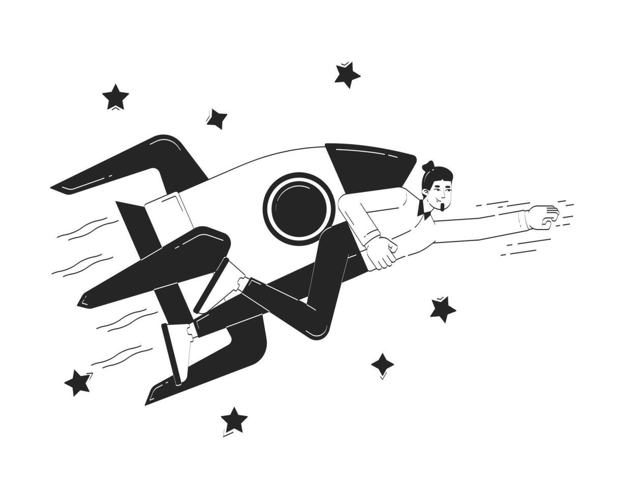 Startup boosting doodle line illustration concept. Business development. Young caucasian businessman flying with rocket ship 2D outline character isolated. Hand drawn ink drawing monochrome vector