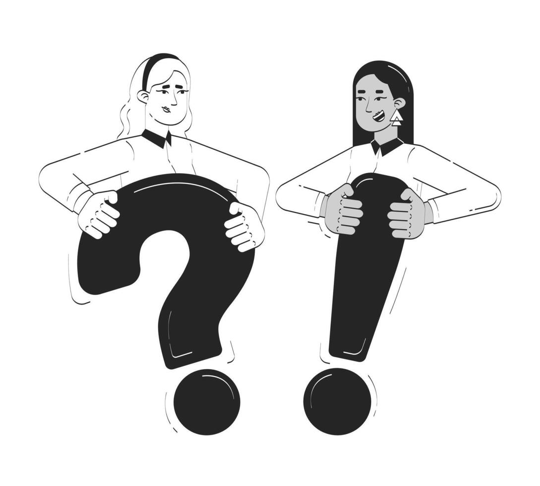 Business solutions doodle line illustration concept. Informational support. Diverse women holding exclamation and question marks 2D outline characters isolated. Hand drawn ink drawing monochrome vector
