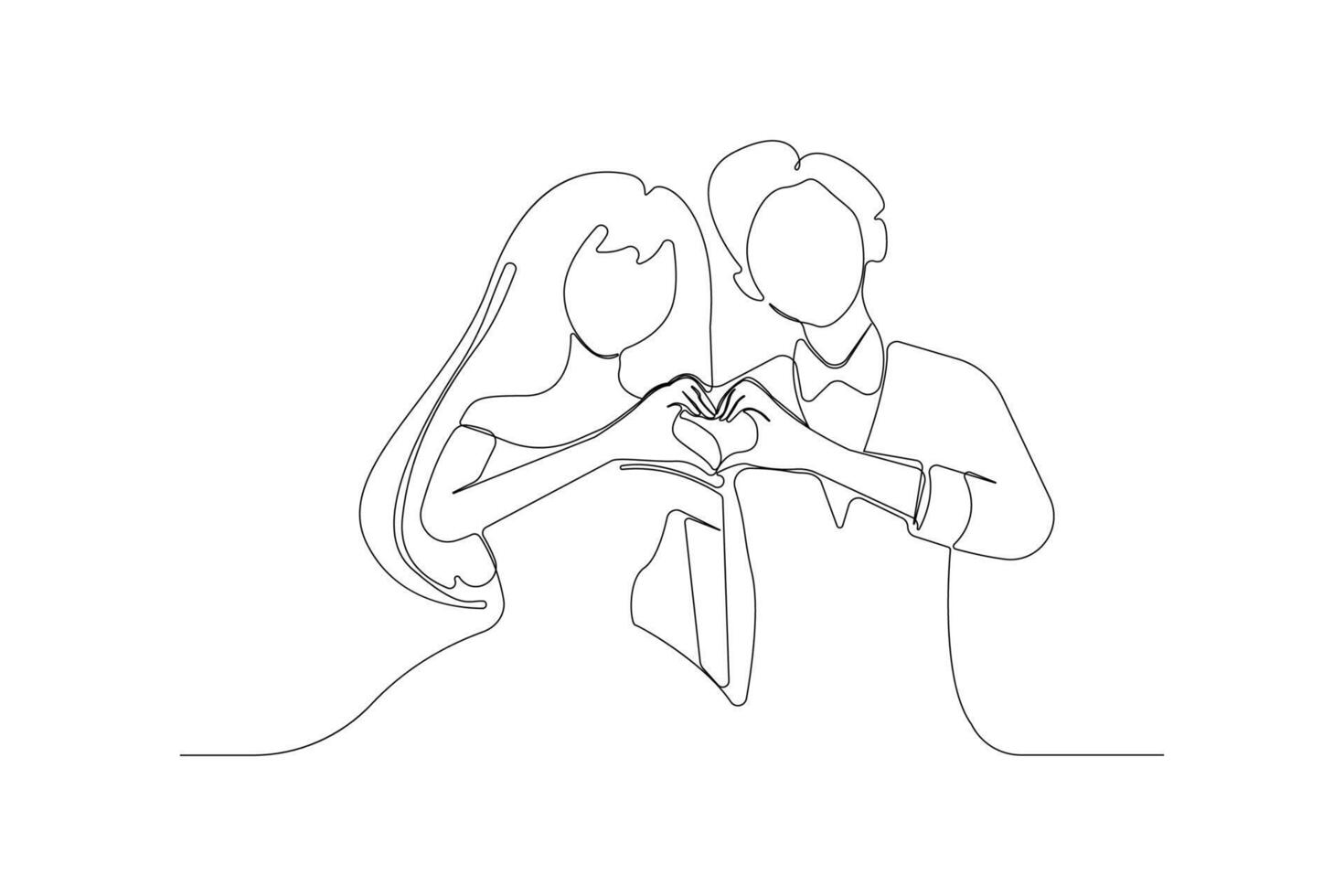 Couple making heart shape with hands one-line art drawing. Married couple outline vector