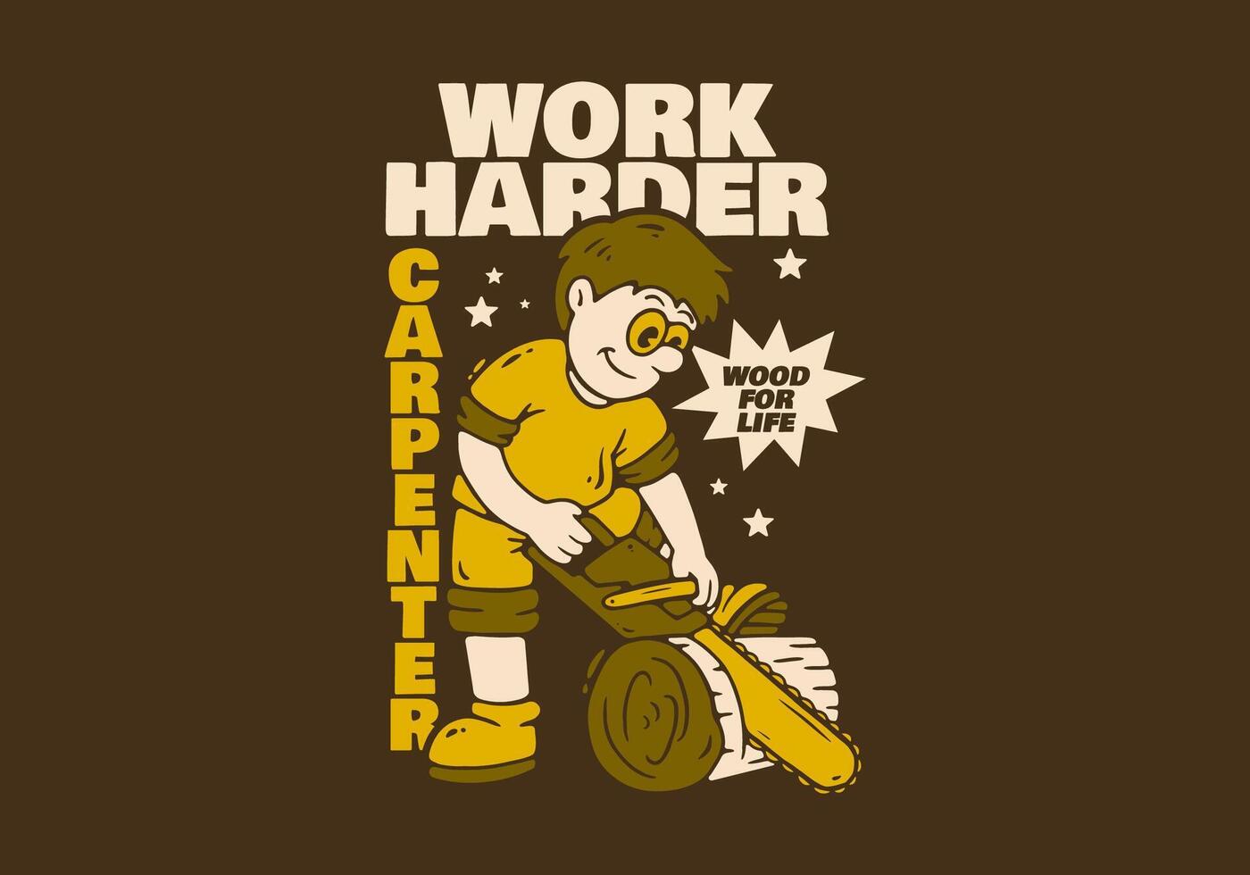 Character of a carpenter is sawing wood with a chainsaw. Flat art retro illustration, good for t-shirt print vector