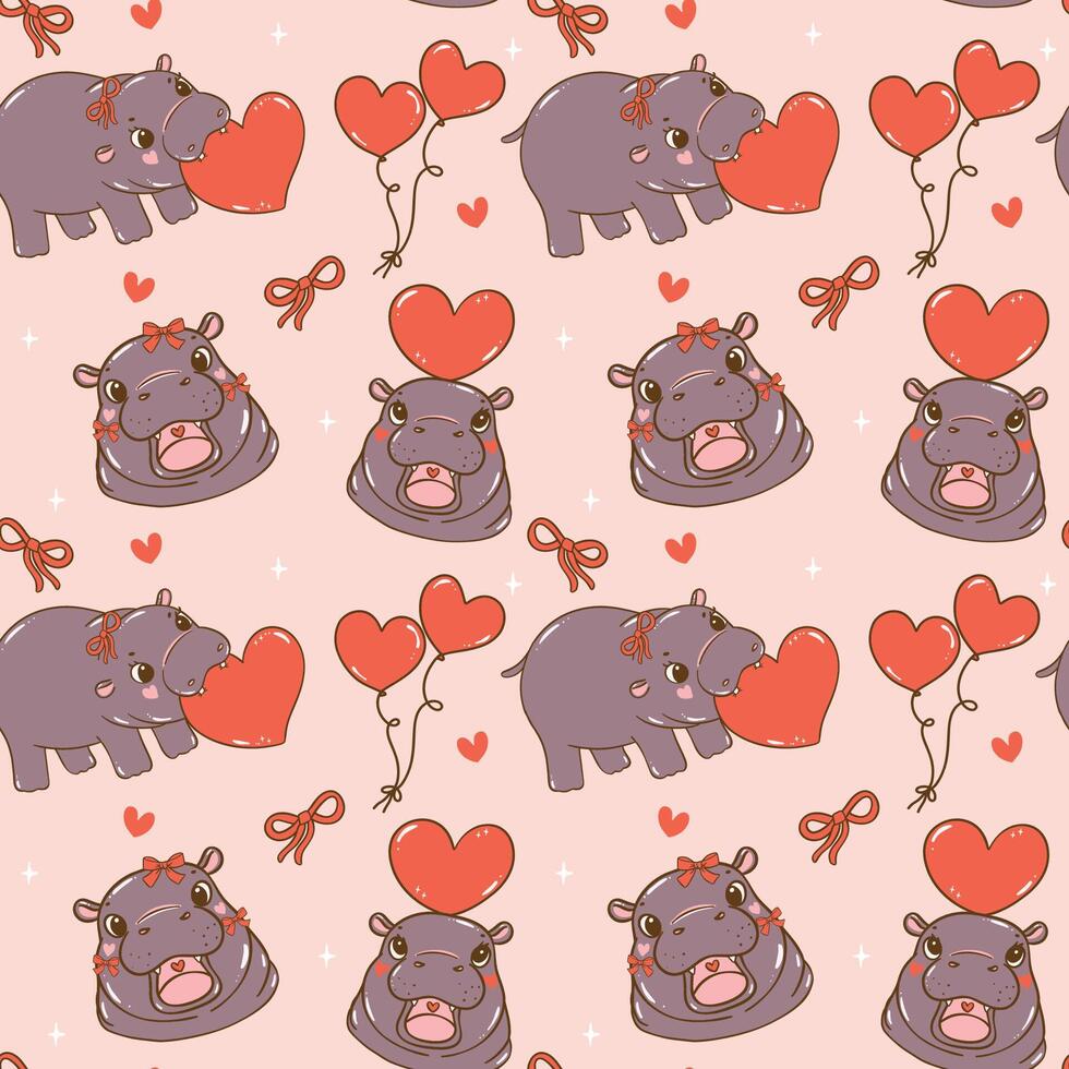 Retro Coquette Valentine Cute Baby Pygmy Hippo Seamless Pattern isolated on background vector