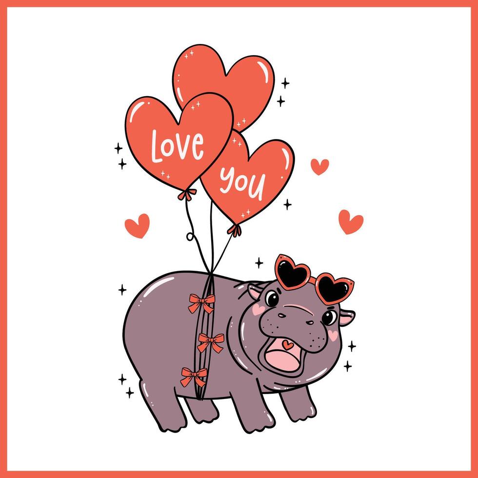 Cute Valentine Grumpy Baby Pygmy Hippo Floated by Heart Balloons Hand Drawn Cartoon Character vector