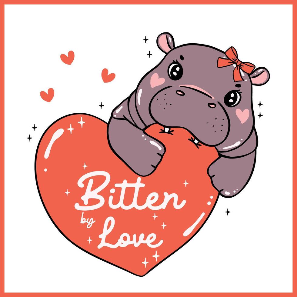 Happy Valentine Grumpy Baby Pygmy Hippo bite red Heart Hand Drawn Cartoon Character vector