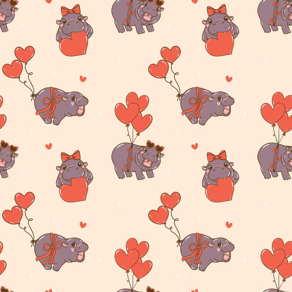 Retro Valentine Cute Baby Pygmy Hippo with balloons Seamless Pattern isolated on background vector