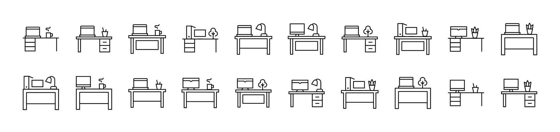 Computer on Table Set of Thin Icons. Editable Stroke. Suitable for Web Sites, Books, Cards, Apps vector