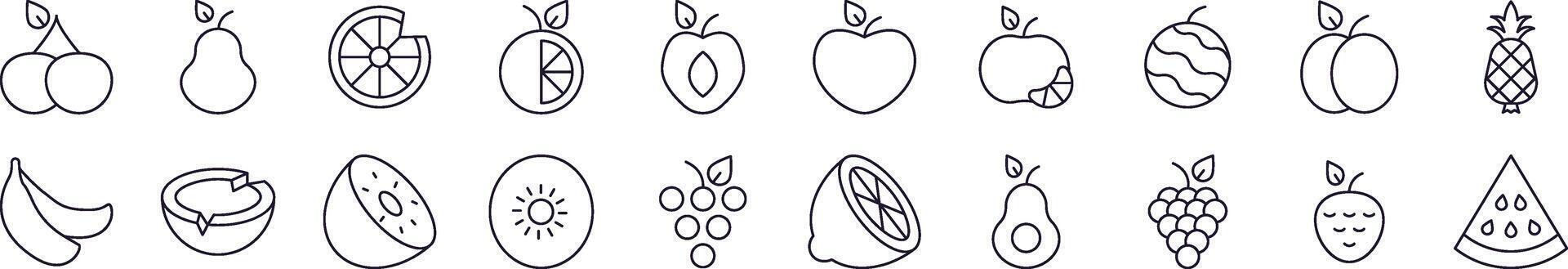 Watermelon, Coconut, Grape and Other Fruits Line Icon Set. Editable Stroke. Minimalistic Linear Pictogram for Design of Cards, Apps, Banners, Posts vector