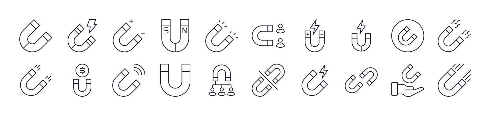 Magnet Line Icon Pack. Editable Stroke. Minimalistic Linear Pictogram for Design of Cards, Apps, Banners, Posts vector