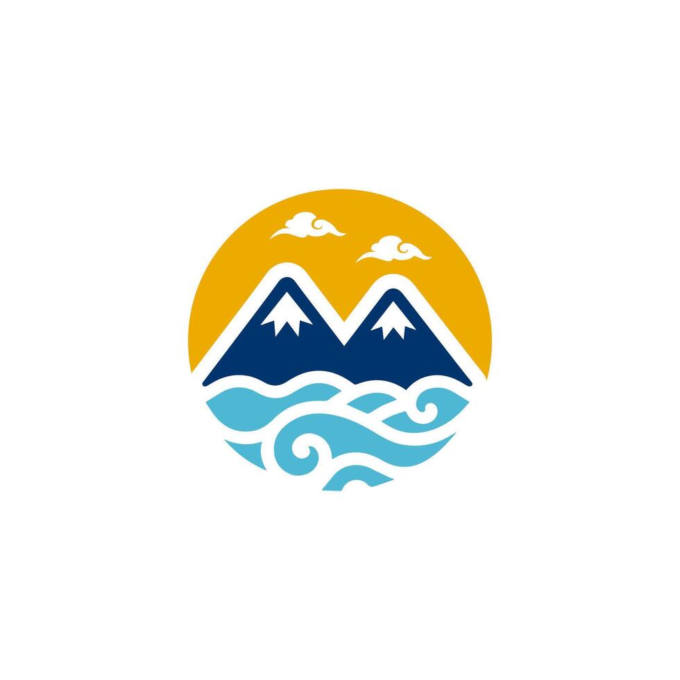 Playful Mountain Peaks with Morning Sunrise And Ocean Logo Design For Ouitdoor,Adventure,Travelling Logo Design vector