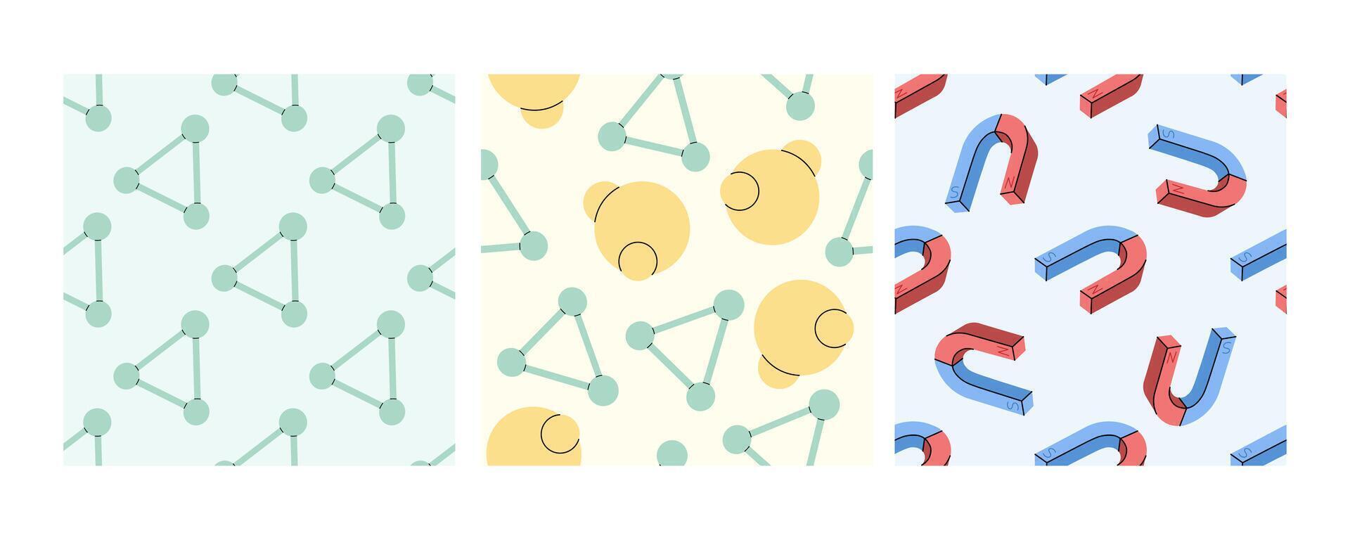 Seamless patterns with molecules, atoms, and magnets in flat doodle style vector